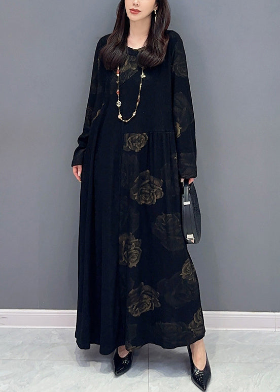 VCSHOES Loose Black Print Pockets Patchwork Cotton Long Dresses Long Sleeve