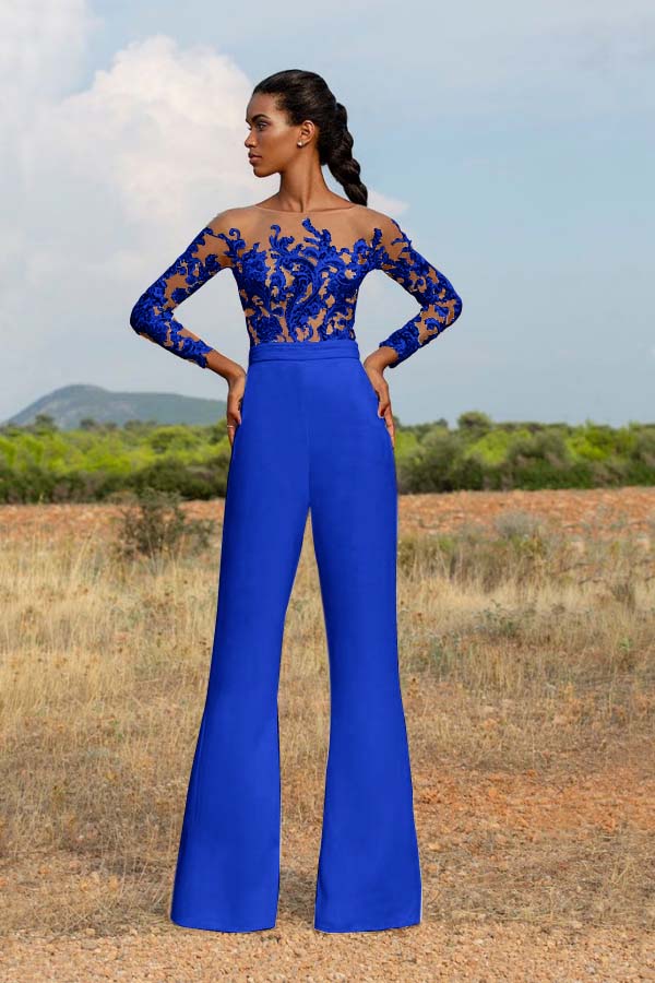 White Patchwork Applique Slimming Long-Sleeve Jumpsuit