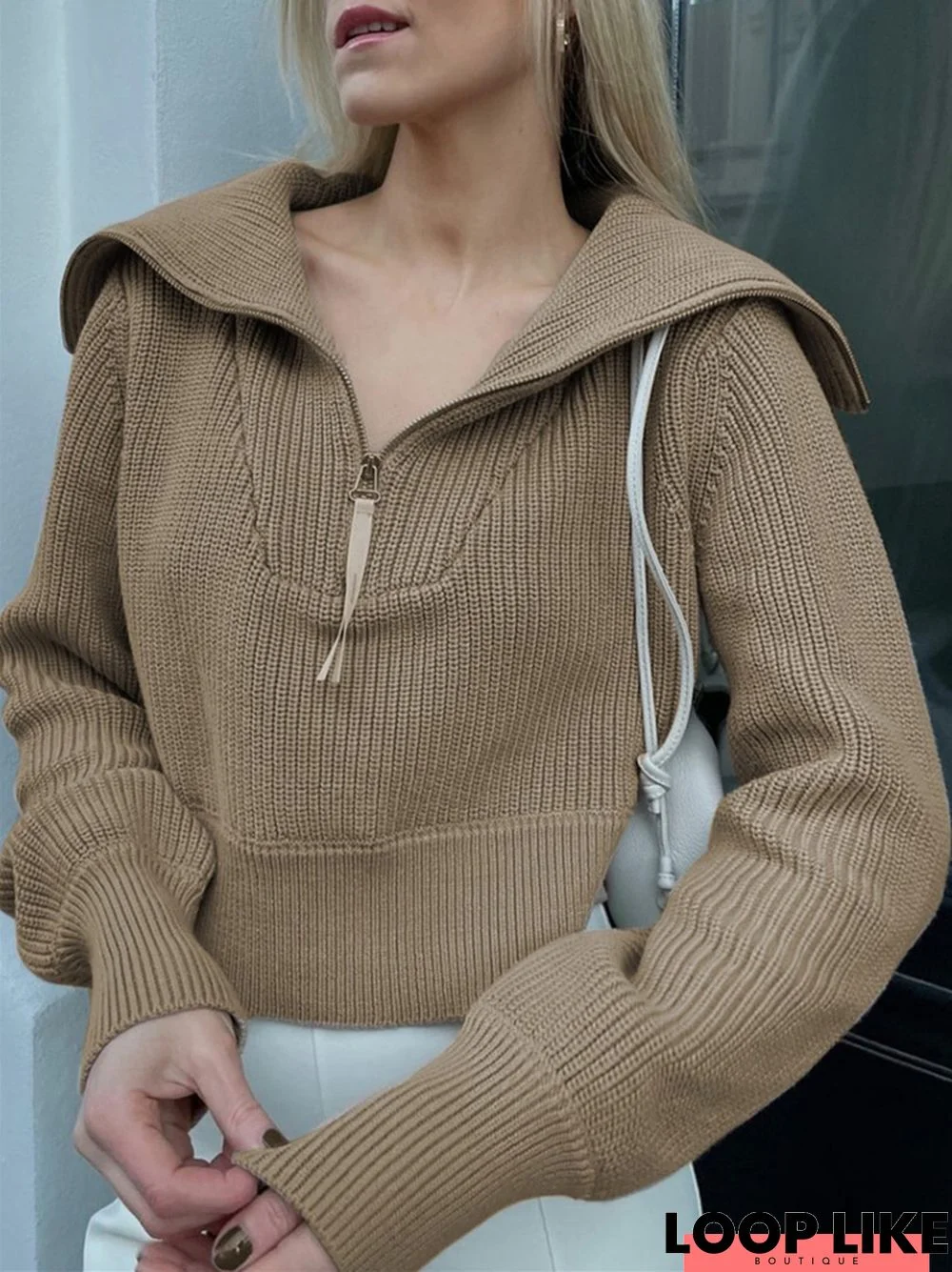 Solid Color Zipper Wide Neck Fashionable Casual Sweater