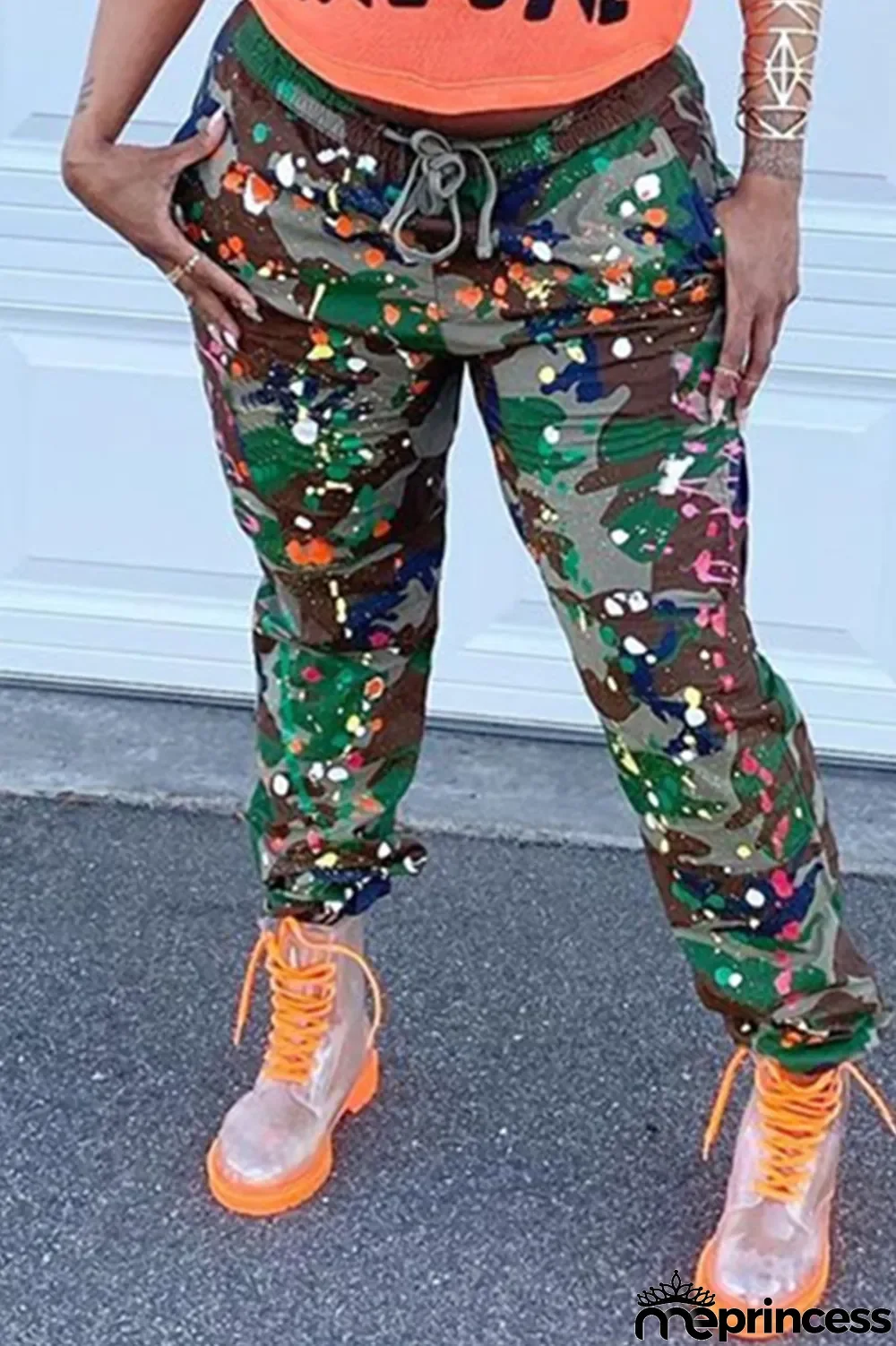 Green Fashion Camouflage Print Basic Regular Trousers