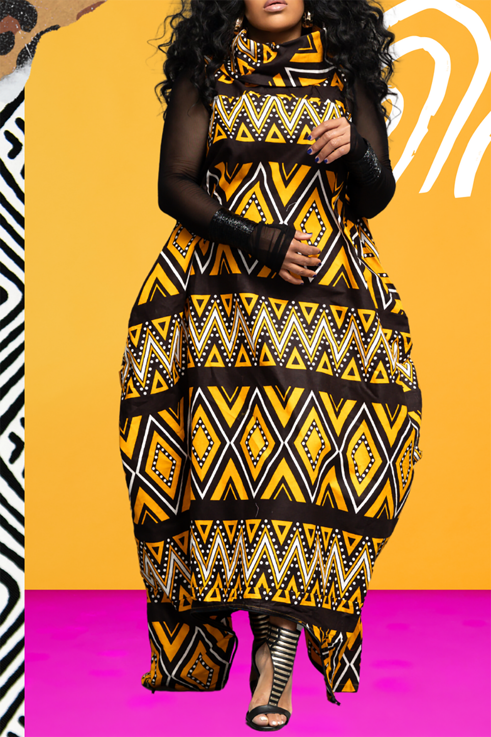 Plus Size Daily Yellow Geometric Mock Neck Knitted Maxi Dresses (Without Top) [Pre-Order]