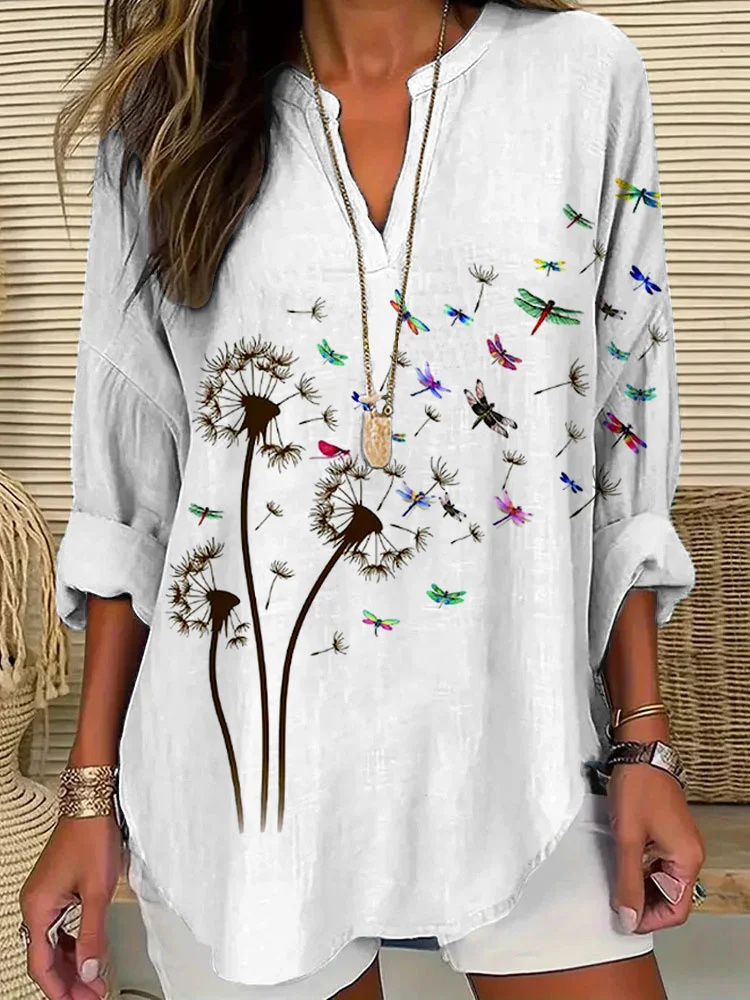 Women's Casual Watercolor Dragonfly Cotton Blend Print T-shirt