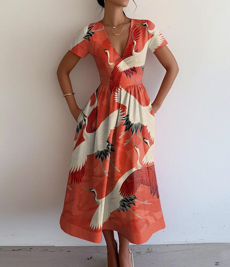 Vintage Elegant Crane Print V-Neck Short Sleeve Dress
