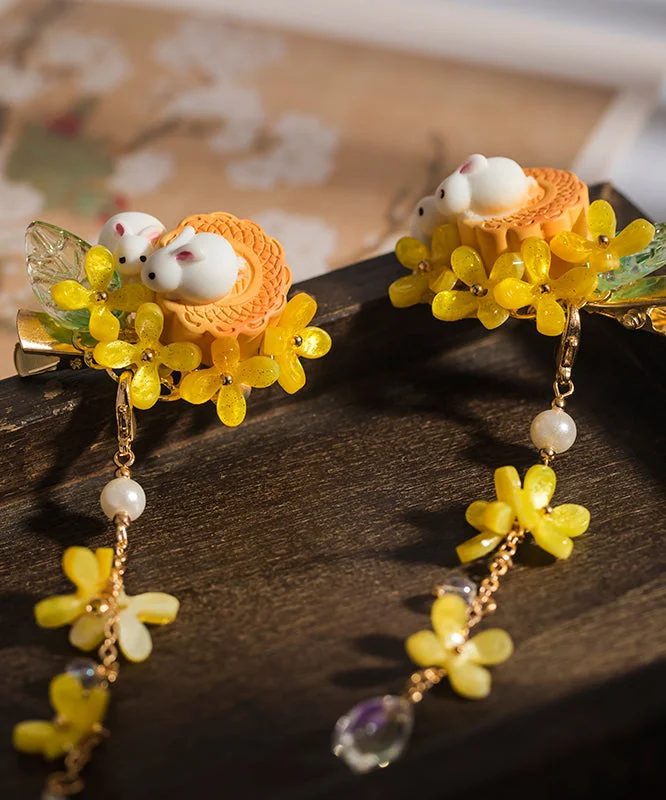 Retro Yellow Copper Overgild Pearl Colored Glaze Resin Tassel Kids Hairpin