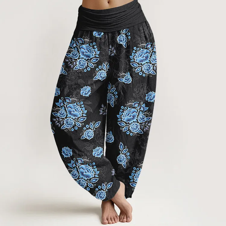 Cotton Blue Flower Pattern Women's Elastic Waist Harem Pants