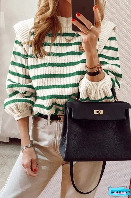 Long Lantern Sleeve Striped Ribbed Knit Pullover Top