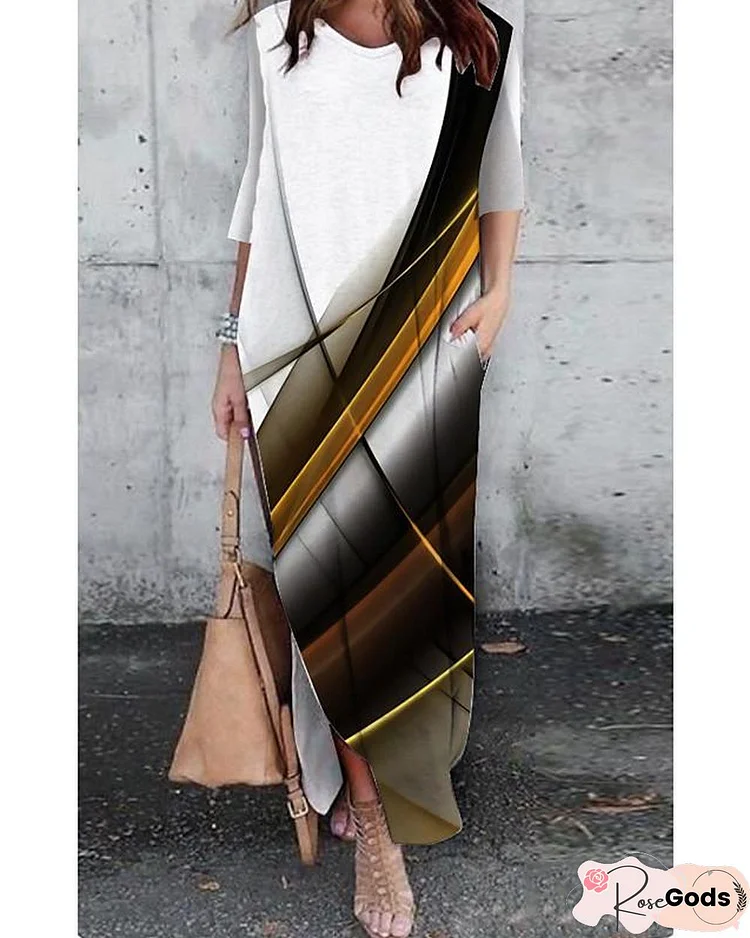 Women's Shift Dress Maxi Long Dress 3/4 Length Sleeve Color Gradient Color Block Geometric Print Spring Summer Casual White Dresses