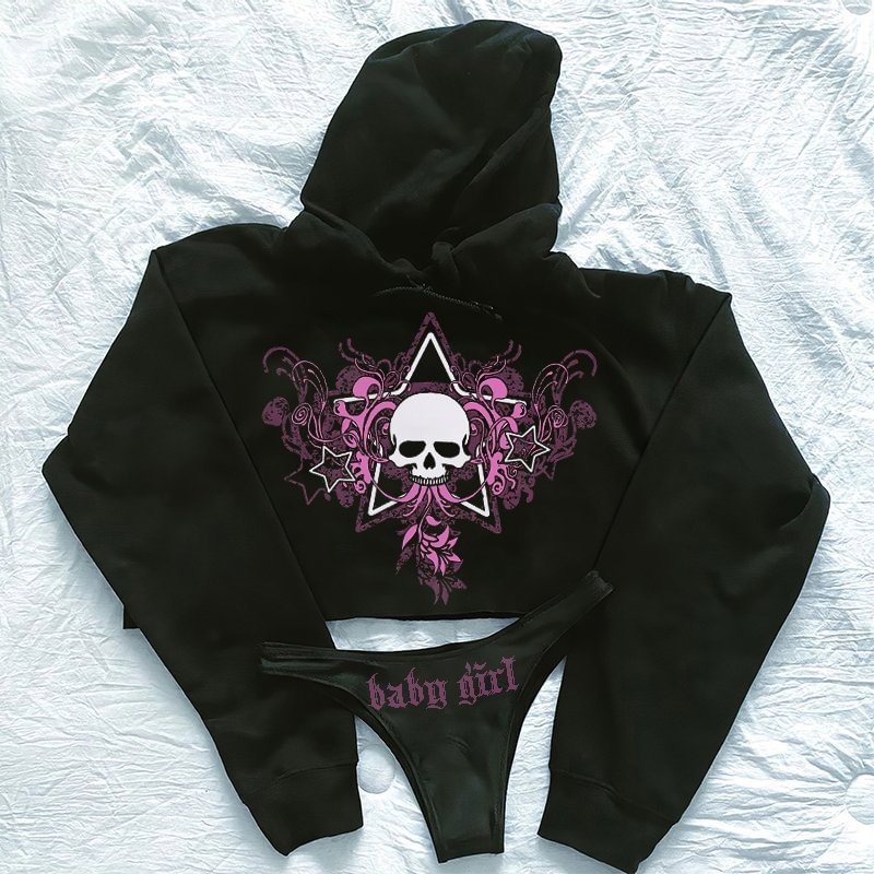 Baby Girl Printed Skull Floral Hoodie Thong Set