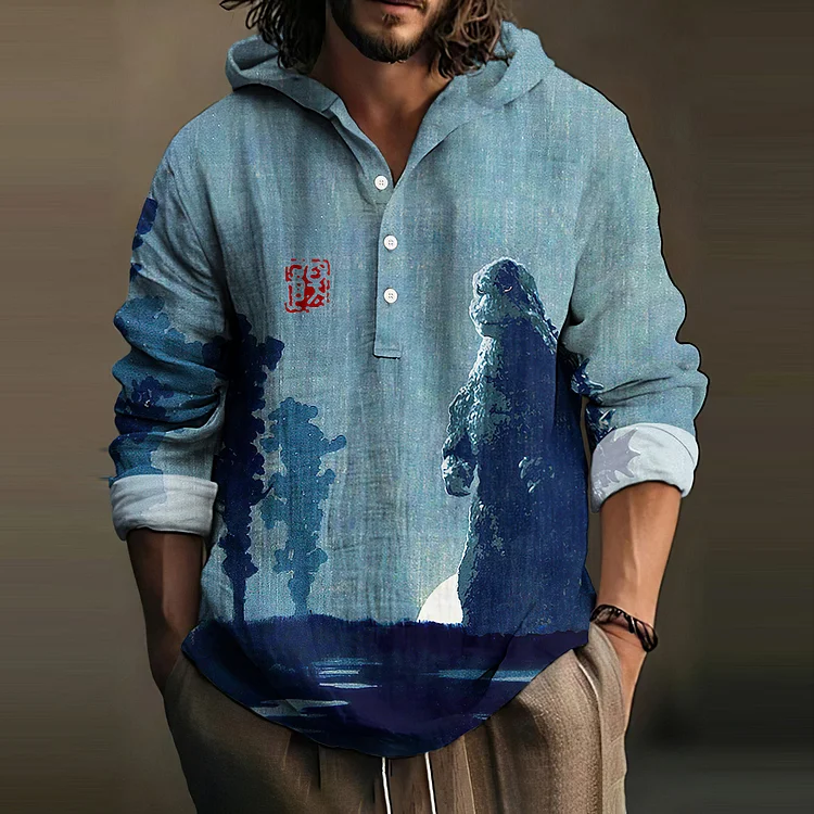 Men's Japanese Godzilla Art Print Hooded Shirt