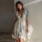 Women's Vintage White Rose Gradient Pattern Linen V-neck Dress - Image 2