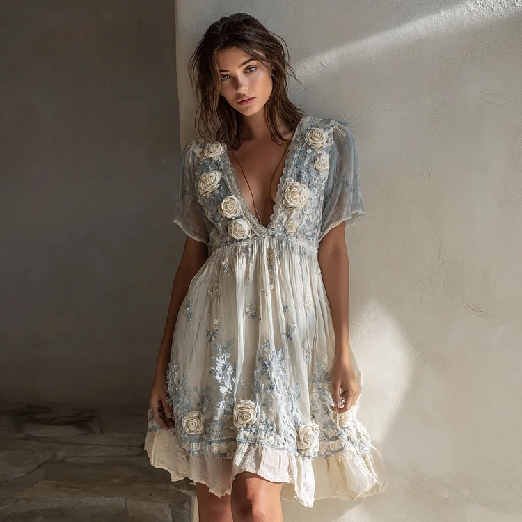 Women's Vintage White Rose Gradient Pattern Linen V-neck Dress