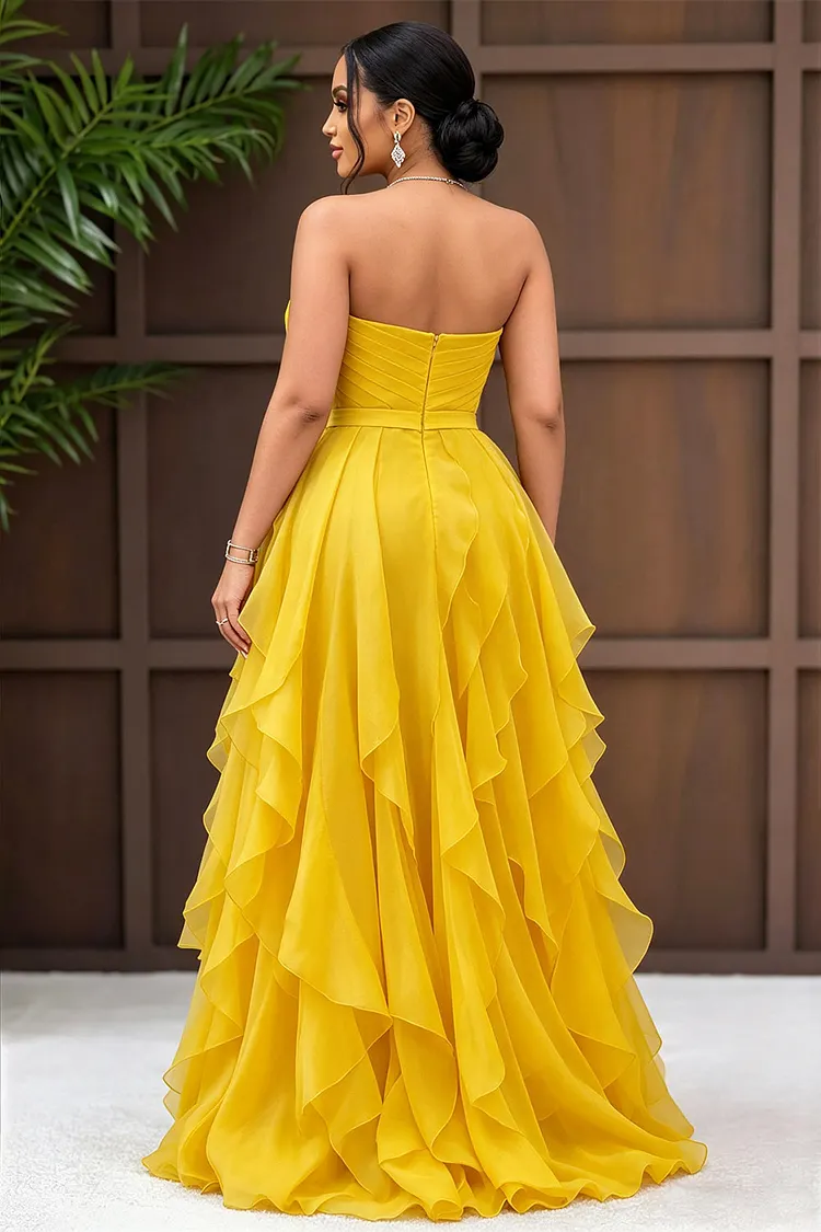 yellow formal maxi dress Strapless Metal Buckle Tiered Ruffle Hem Dresses-Yellow Above Knee