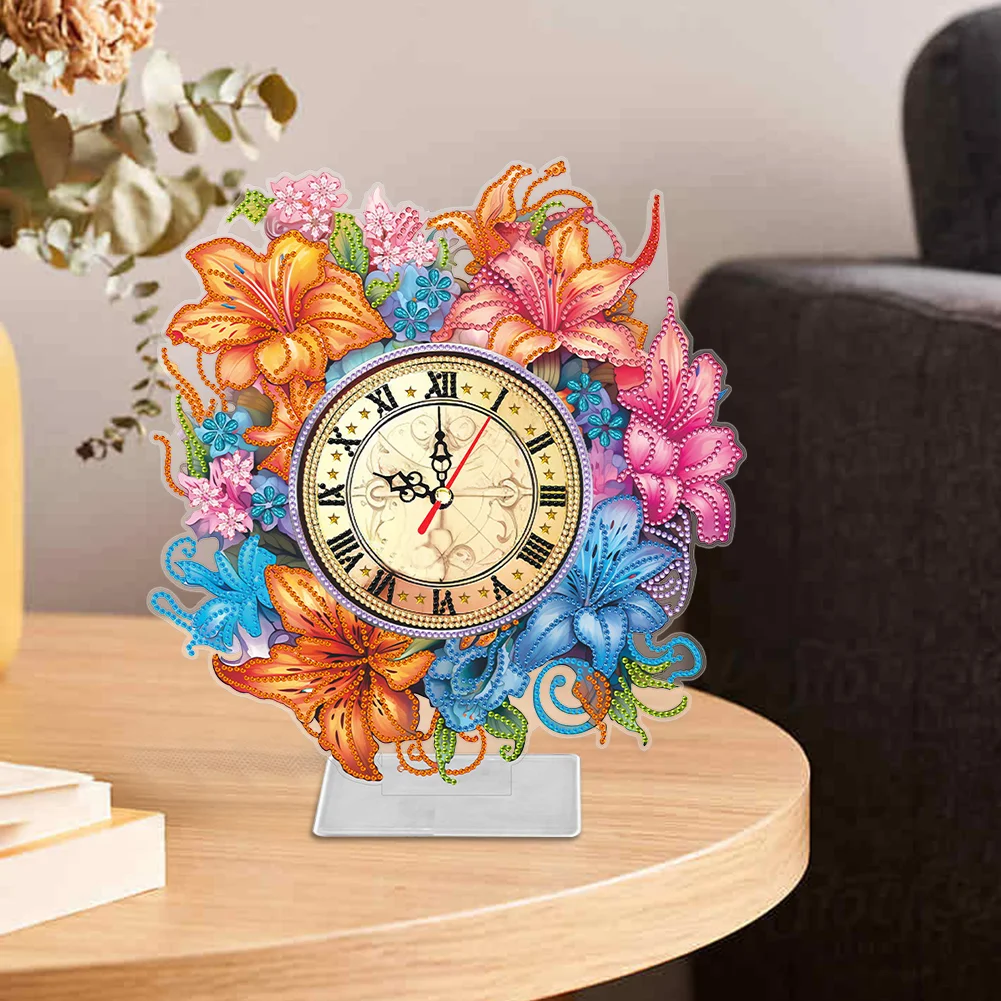 DIY Lily Acrylic Special Shaped 5D Diamond Painting Clock Art Craft for Home Decor