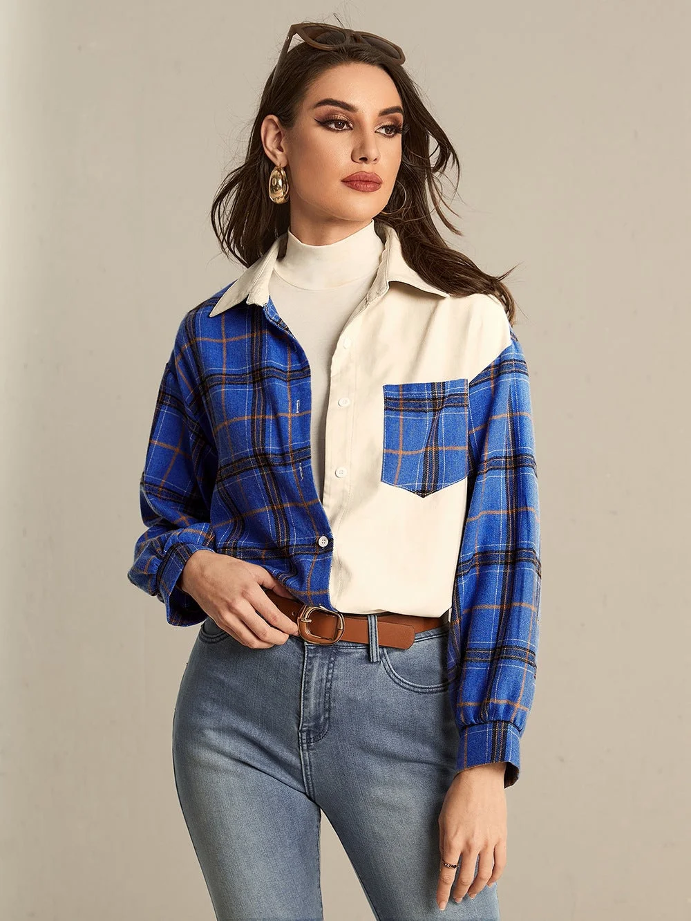 Women Colorblock Cardigan Plaid Women's Shirt Jacket