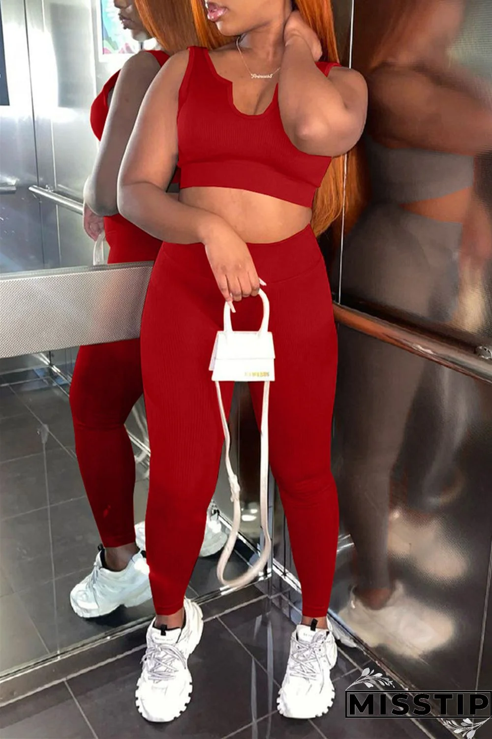 Red Casual Sportswear Solid Backless U Neck Two Pieces