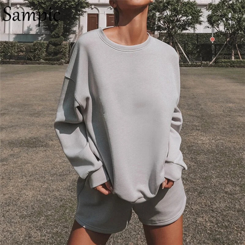 Sampic 2021 Casual O Neck Lounge Wear Tracksuit Shorts Set Women Long Sleeve Sweatshirt Tops And Loose Mini Shorts Two Piece Set