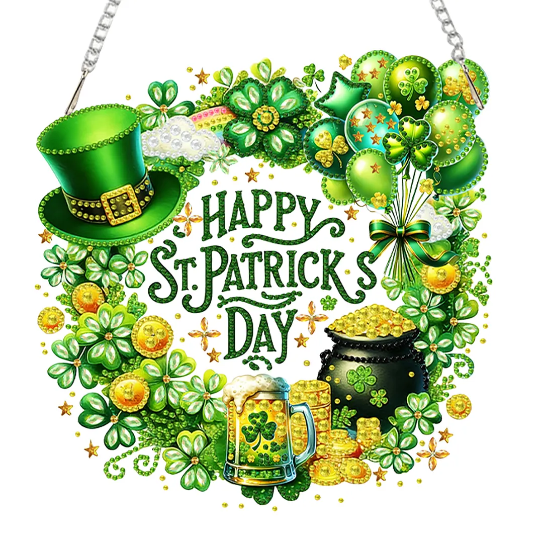 St Patricks Wreath DIY 2D Flat Acrylic Diamond Painting Kits 5D Diamond Art Painting Window Pendants for Home Garden Wall Decoration