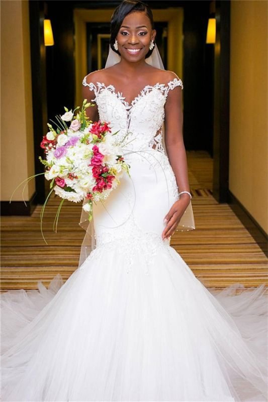 Stunning Cap Sleeves Lace Appliques Wedding Dress Mermaid Long PD0942