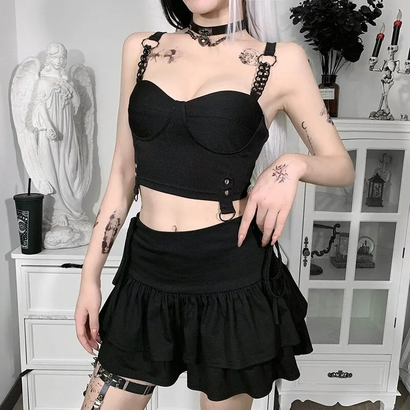 InsGoth Punk Safari Chain Black Camisole Grunge Gothic Bodycon Corset Tops Emo Streetwear Sexy Backless Women Summer Camis