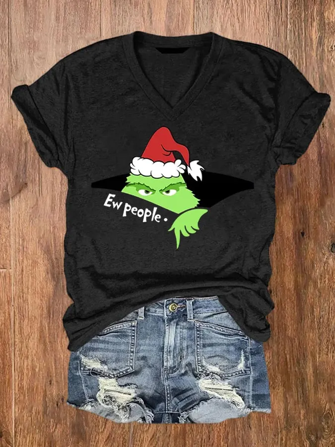 Women's Christmas EW People Print V-Neck T-Shirt