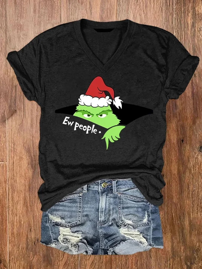 Women's Christmas EW People Print V-Neck T-Shirt