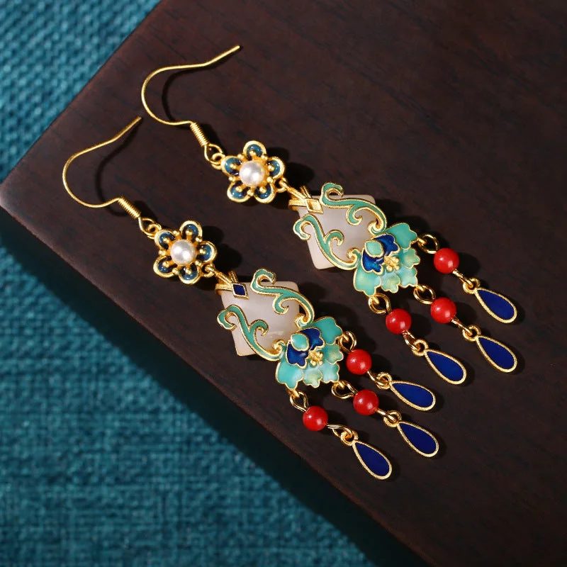Blue Flower White Jade Pearl Tassel Dangle Drop Earrings