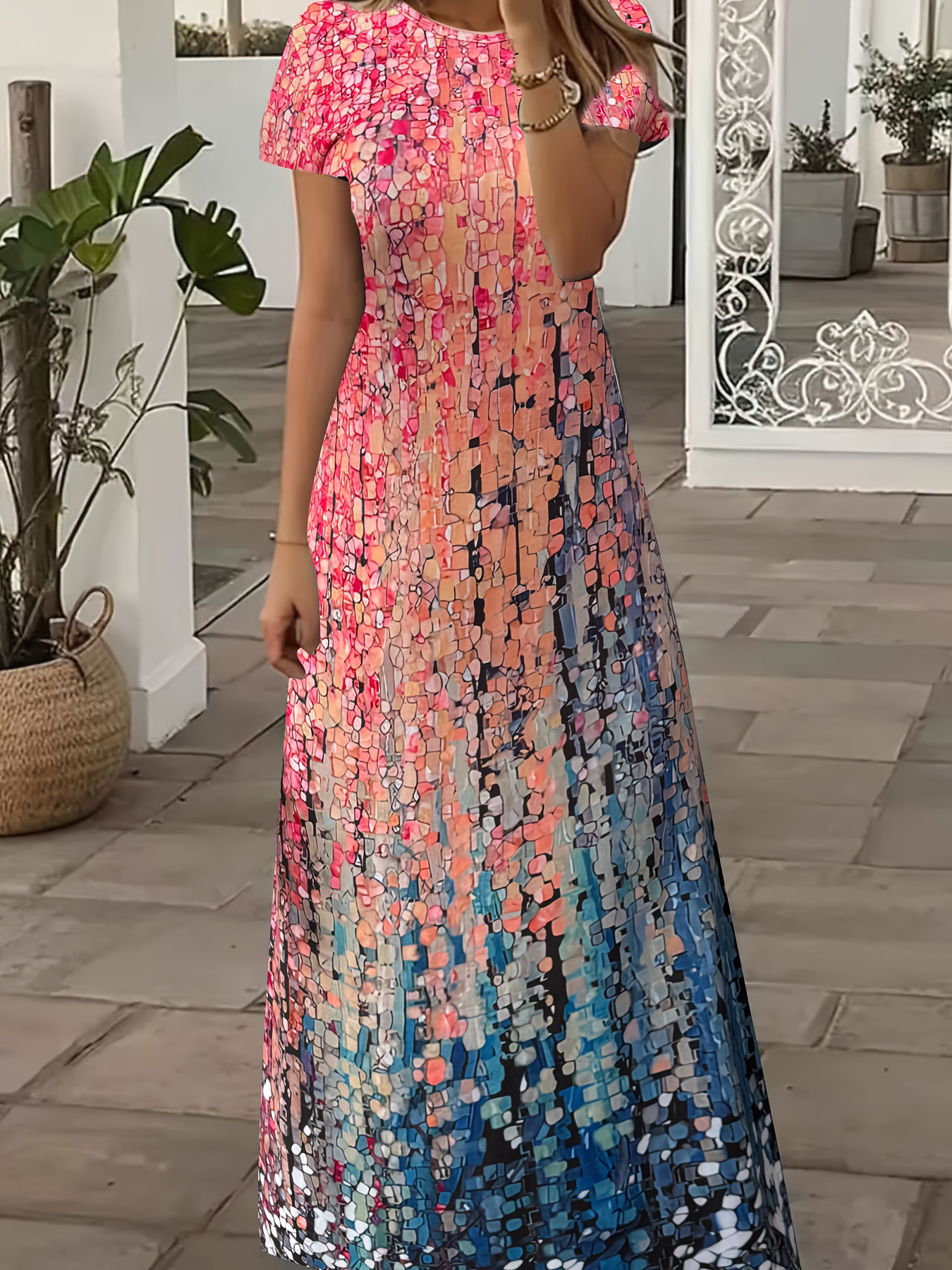 Plus Size Women's Elegant Pink Geometric Floral Print T-Shirt Dress - Short Sleeve Round Neck, Machine Washable, Spring Summer Fall Casual & Semi-Formal Wear, Flowy Fabric Gown, Soft Gradient Effect | IFYHOME