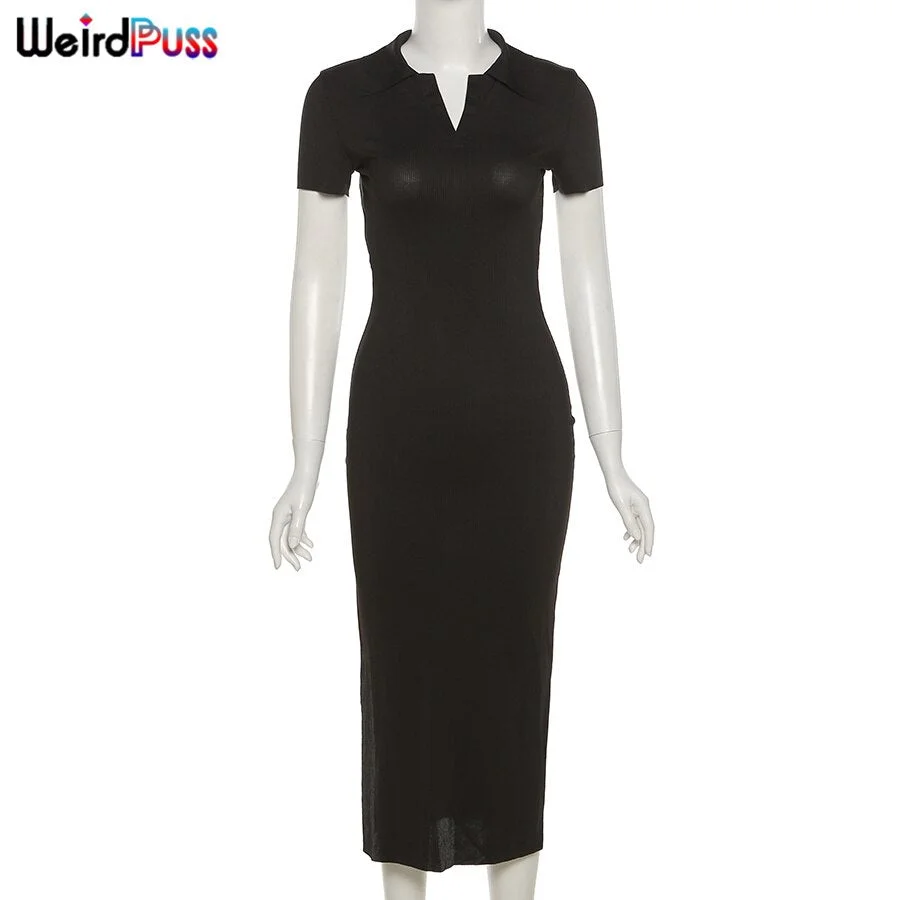 Weird Puss Ribbed Long Dress Women Polo Collar Bodycon Sexy Backless Bandage Soft Clothing Side Slit Elegant Wedding Clubwear