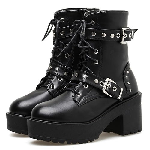 Gdgydh Sexy Rivet Autumn Boots Women Platform Boots Black Leather Gothic Punk Style Combat Boots For Women Mid Heels Comfortable