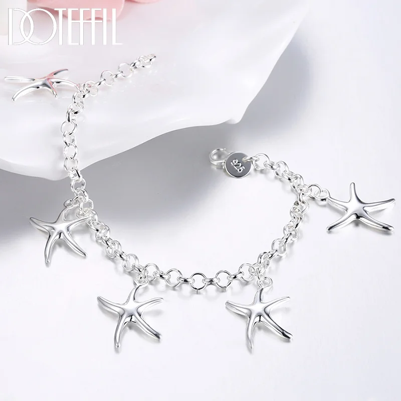 DOTEFFIL 925 Sterling Silver Five Starfish Pendant Bracelet For Woman Jewelry