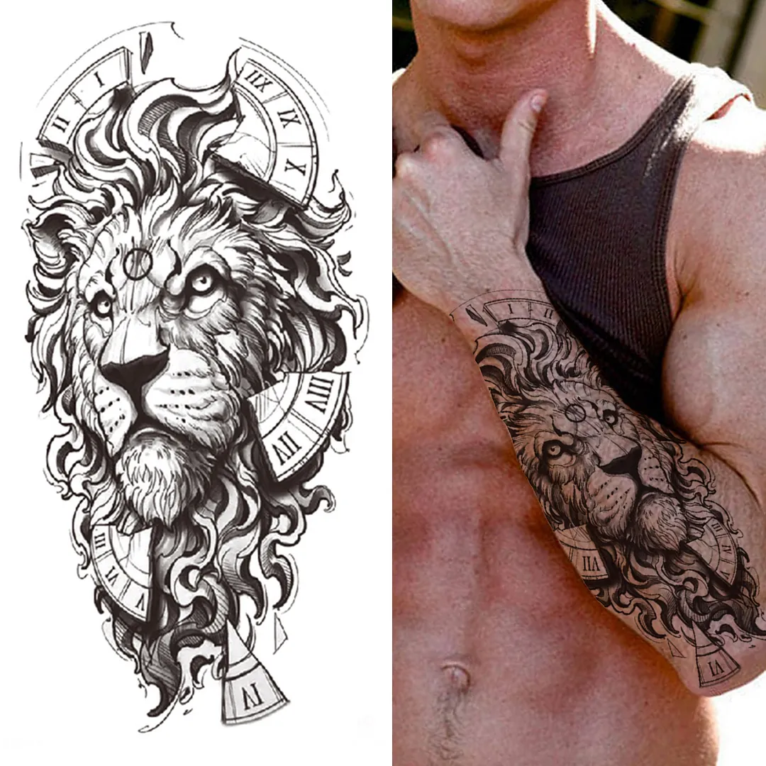 Sdrawing Lion Flower Temporary Tattoos For Women Men Kids Boy Black Tiger Skeleton Tattoo Sticker Fake Compass Tatoos Half Sleeve