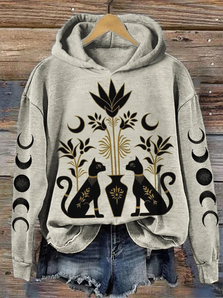 Ancient Egyptian Black Cats Mystical Moon Phase Hoodie