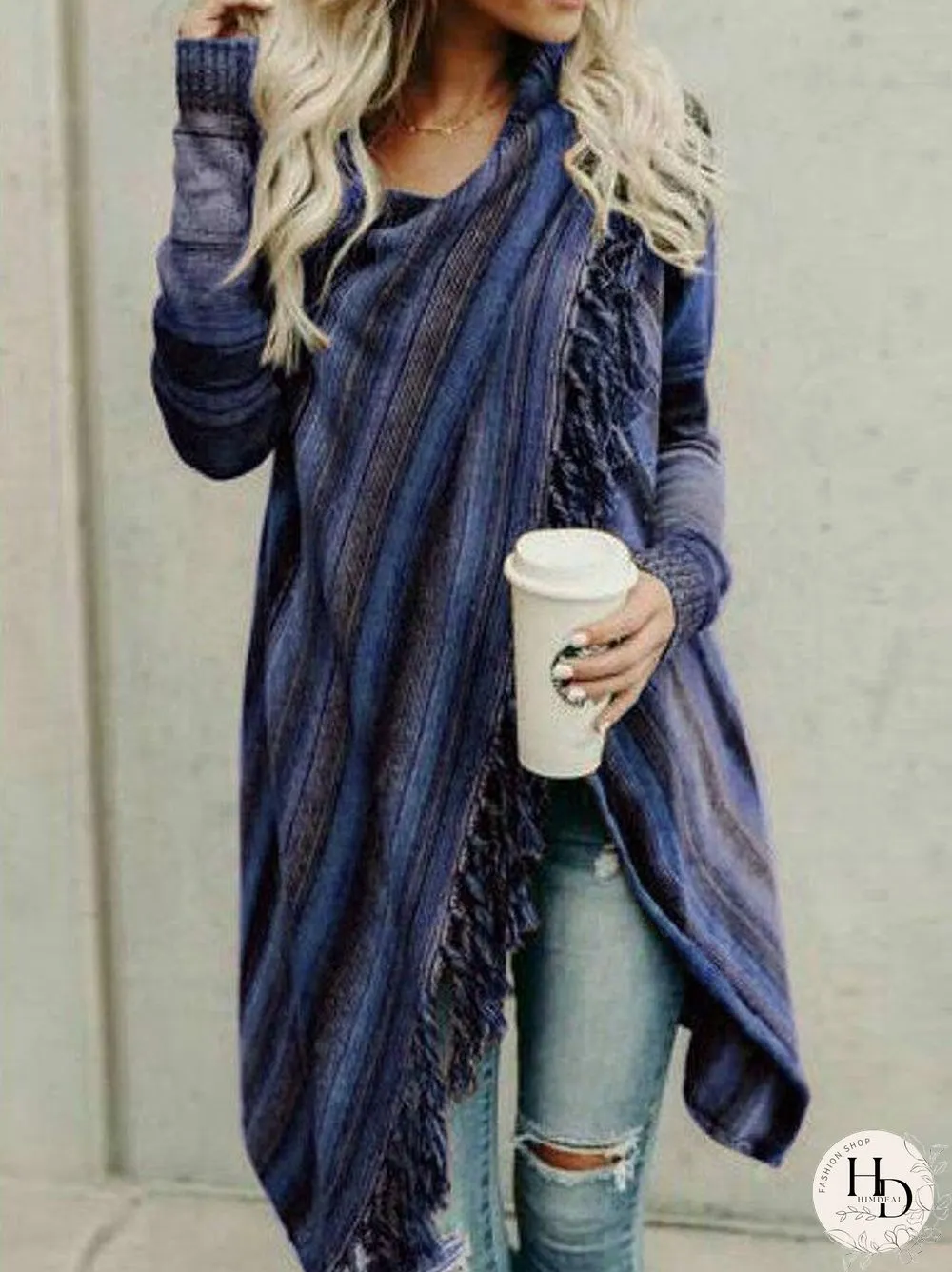 Asymmetrical Long Sleeve Stripes Casual Sweater