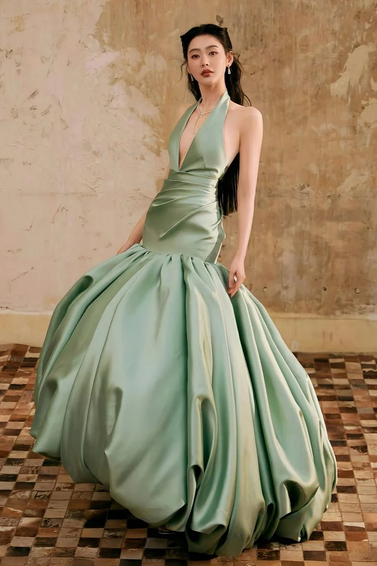 Lussooy Elegant Dusty Sage Halter V Neck Sleeveless Prom Dress with Ball Gown