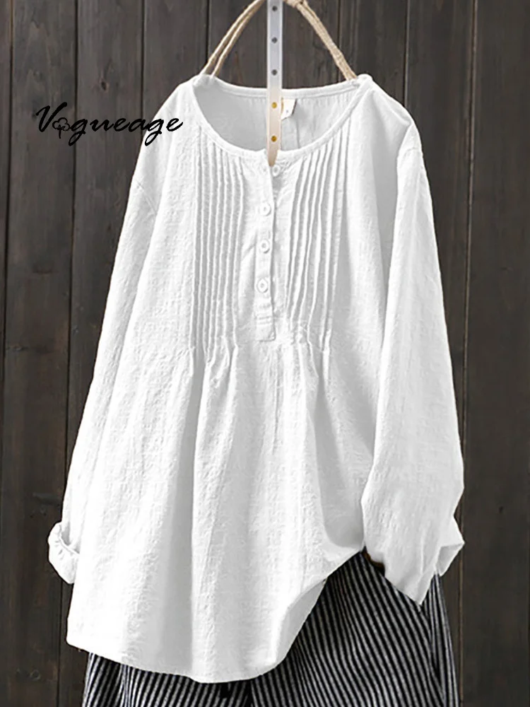 Long-Sleeved Pleated Round-Neck Loose Cotton And Linen Shirt