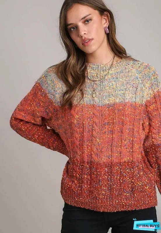 Cable-Knit Color Block Round Neck Long Sleeve Sweater