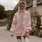 Women's Pink Rose Embroidered Knitted Jacquard Turtleneck Sweater - Image 2