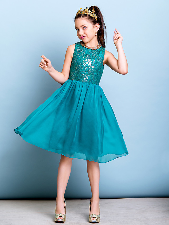 Bellasprom A-Line Jewel Neck Flower Girl Dress Knee Length Chiffon Sequined With Sequin Bellasprom