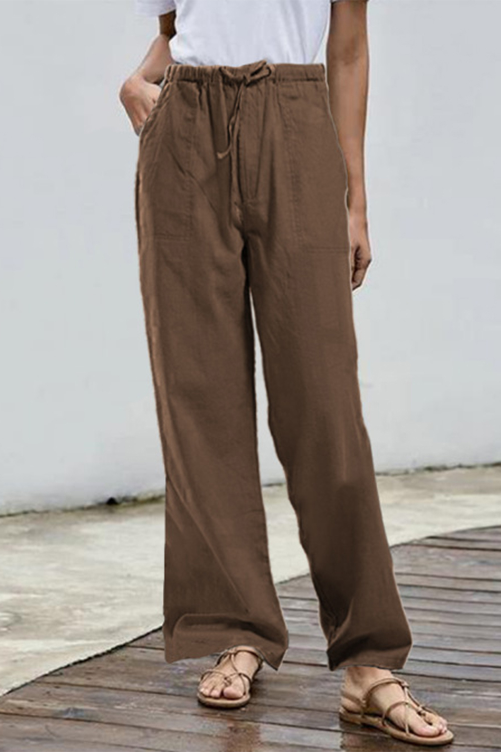 Plus Size Casual Brown Cotton And Linen Pocket Drawstring Straight Leg Pants 2024 - Flycurvy 