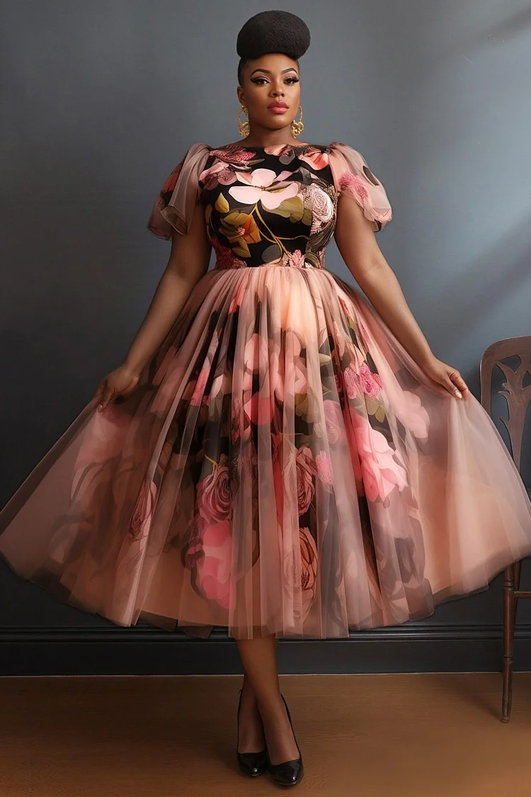 Xpluswear Design Plus Size Wedding Guest Pink Floral Round Neck Cap Sleeve Short Sleeve Contrast Vintage Tulle Midi Dresses [Pre-Order] 2024 - Xpluswear