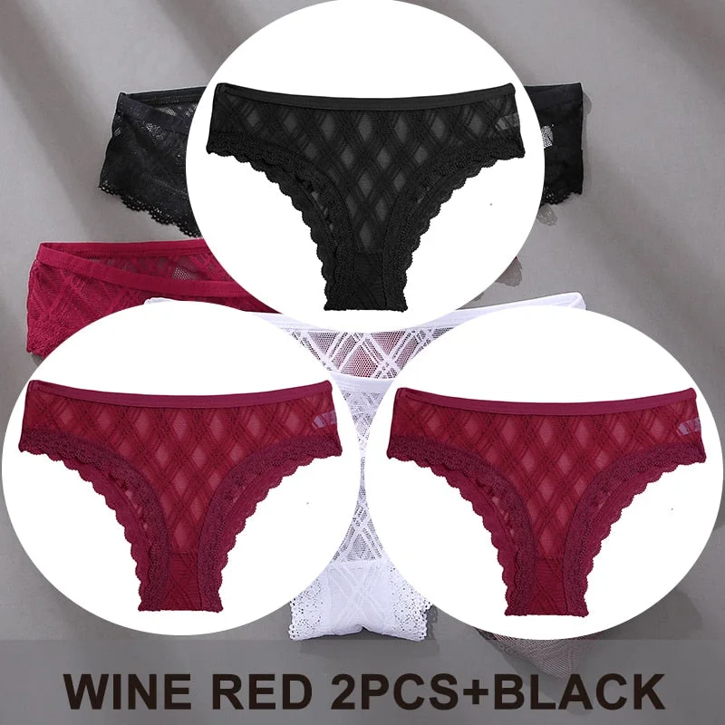 FINETOO 3PCS/Set Women's Panties Sexy Lace Lingerie Temptation Underwear Briefs Pespective Woman Thongs Mesh Underpants Female