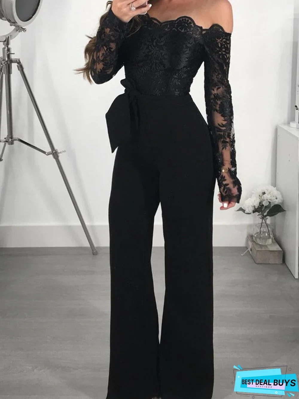 Floral Lace Long Sleeve Patchwork Belted Jumpsuits