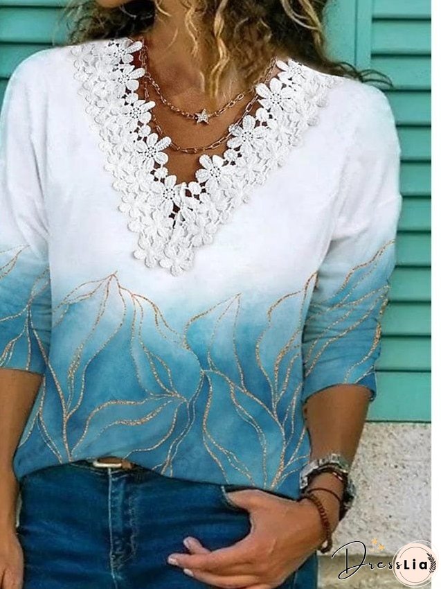 Lace V-Neck Casual Floral Loose T-Shirt for Women