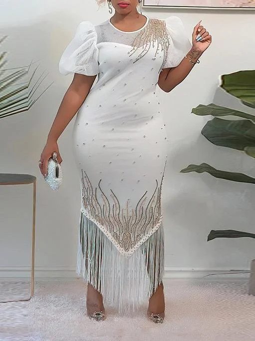 Pure color high waist fringed rhinestone evening dress-zachics