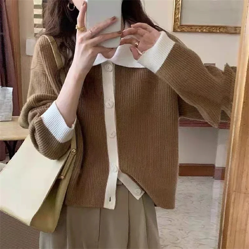 Toloer Toloer Fashion Women's Top 2024 Polo Collar Color Long Sleeve Loose Knit Cardigan Coat Tide-Outfit Ideas