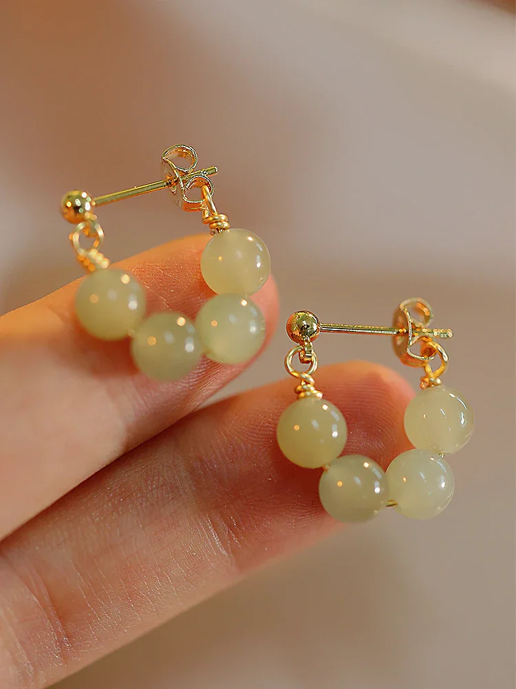Korean Style Jade Round Beads Stud Earrings for Women Fashion Charm Gold Color Jewelry Elegant Vintage Lady Earring Customizable
