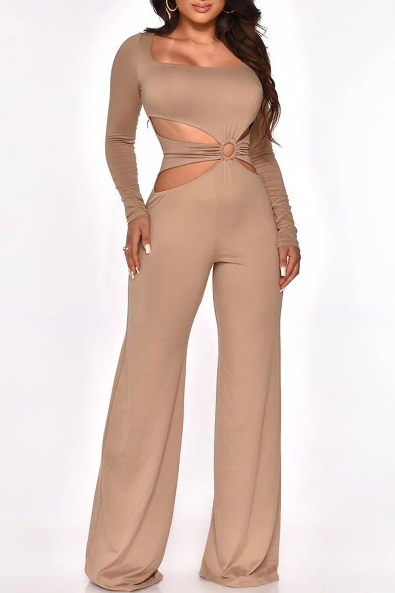 Khaki Fashion Sexy Solid Hollowed Out Square Collar Jumpsuits | EGEMISS