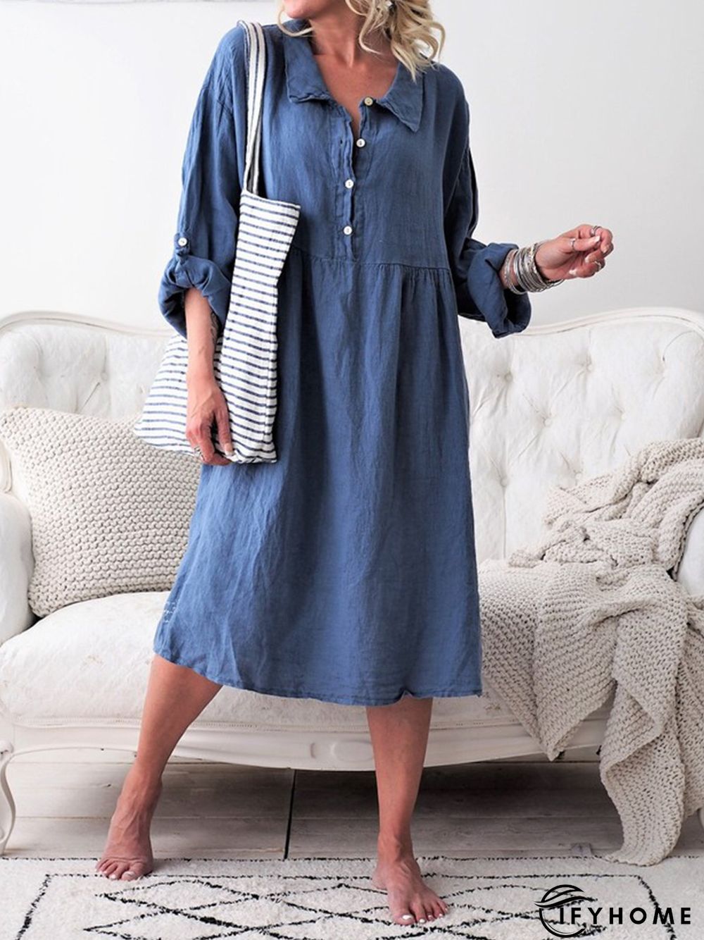 Women Summer Convertible Long Sleeve Buttoned Loose Weaving Dress | IFYHOME