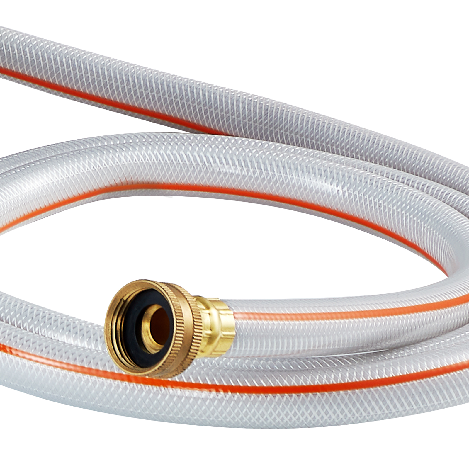 clear coiled hose with brass connector, featuring in the VEVOR retractable hose reel.