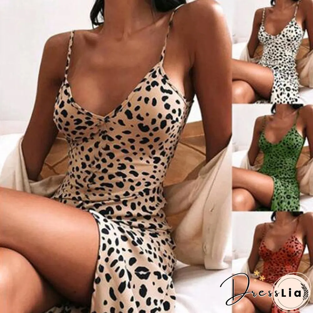 Womens Fashion Summer Sleeveless Animal Print Bodycon Cami Dress Spaghetti Straps V-neck